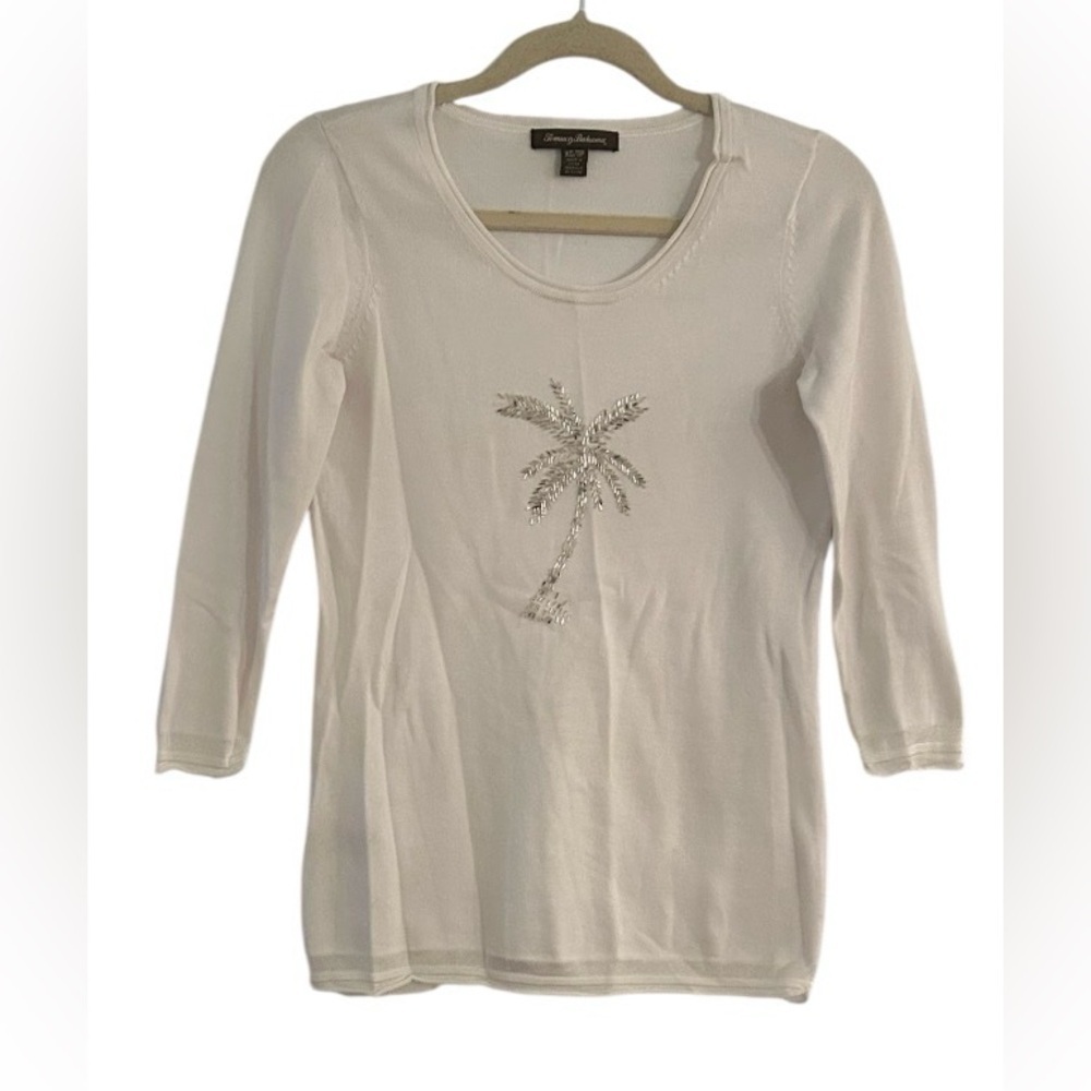 Tommy Bahama White Palm Tree Embellished Sweater Crewneck Size XS